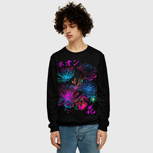 Мужской свитшот Неоновые цветы - японский стиль / 3D-Черный – фото 3