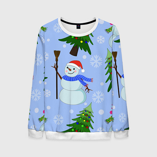 Мужской свитшот Снеговики с новогодними елками паттерн / 3D-Белый – фото 1