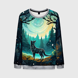 Свитшот мужской Волк в ночном лесу фолк-арт, цвет: 3D-меланж
