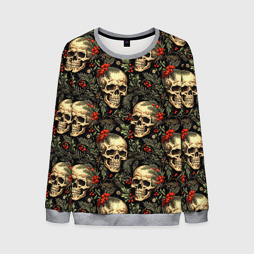 Мужской свитшот Череп рябина шишки и хвойные ветки / 3D-Меланж – фото 1