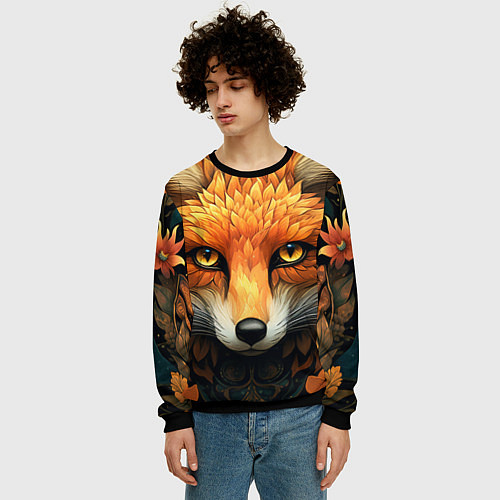Мужской свитшот Лис в стиле фолк-арт / 3D-Черный – фото 3