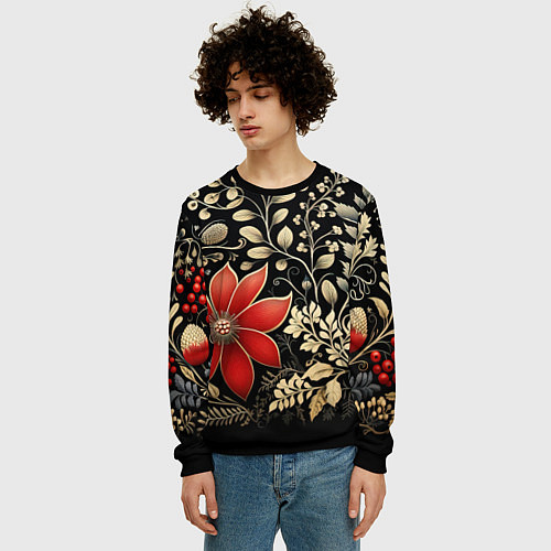 Мужской свитшот Новогодние цветы и листья / 3D-Черный – фото 3