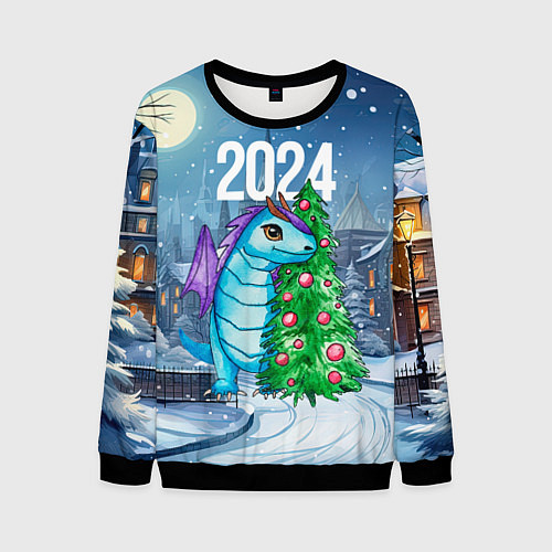 Мужской свитшот Дракон у новогодней елки 2024 / 3D-Черный – фото 1