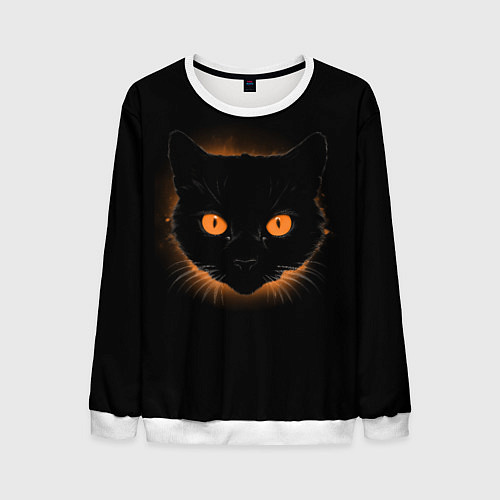 Мужской свитшот Портрет черного кота в оранжевом свечении / 3D-Белый – фото 1