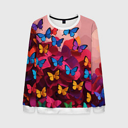 Свитшот мужской Разноцветные бабочки - розовые цветы, цвет: 3D-белый