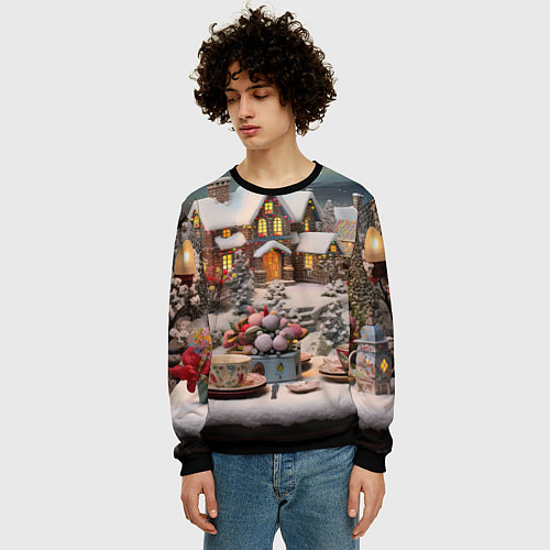 Мужской свитшот Объемные новогодние домики / 3D-Черный – фото 3