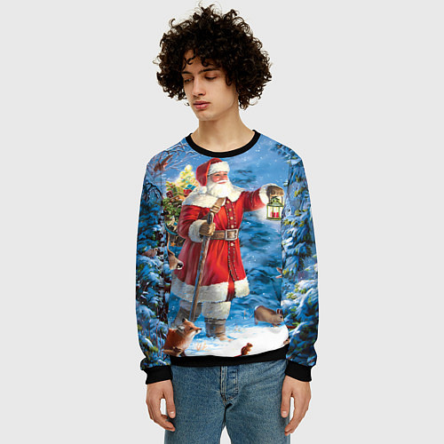 Мужской свитшот Дед Мороз в лесу с животными / 3D-Черный – фото 3