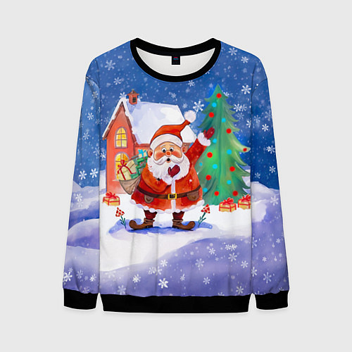 Мужской свитшот Дед Мороз с мешком и елкой / 3D-Черный – фото 1