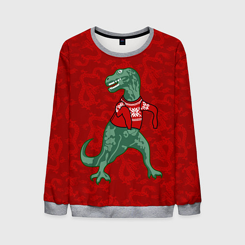 Мужской свитшот Динозавр в свитере - новогодние драконы / 3D-Меланж – фото 1
