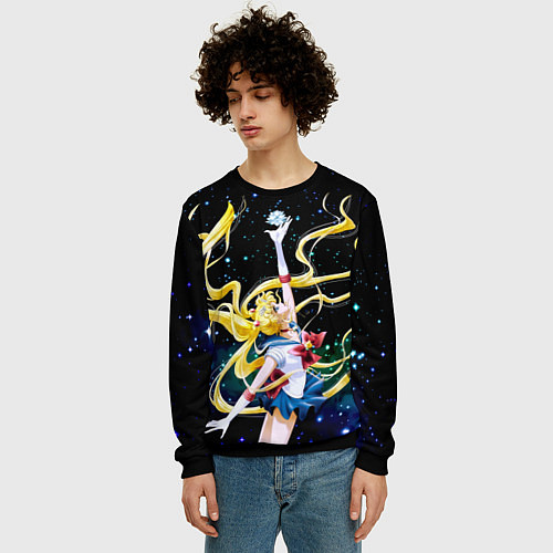 Мужской свитшот Сейлор Мун - космос / 3D-Черный – фото 3