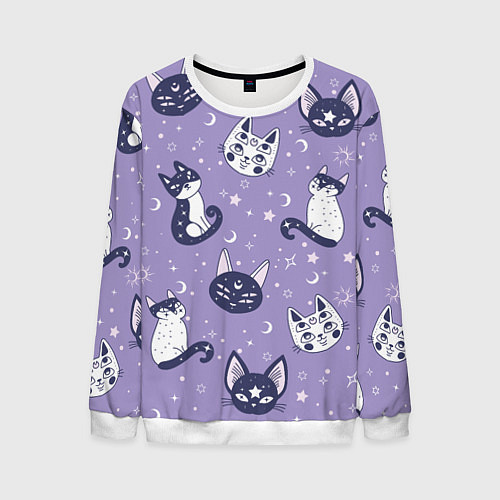 Мужской свитшот Мистические кошечки - паттерн фиолетовый / 3D-Белый – фото 1