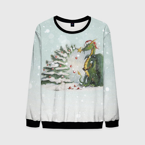 Мужской свитшот Дракон у наряженной ёлки и заяц беляк / 3D-Черный – фото 1