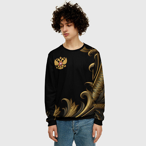 Мужской свитшот Герб России и золотистый узор / 3D-Черный – фото 3