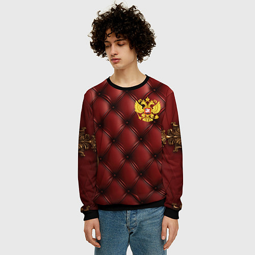 Мужской свитшот Золотой герб России на красном кожаном фоне / 3D-Черный – фото 3