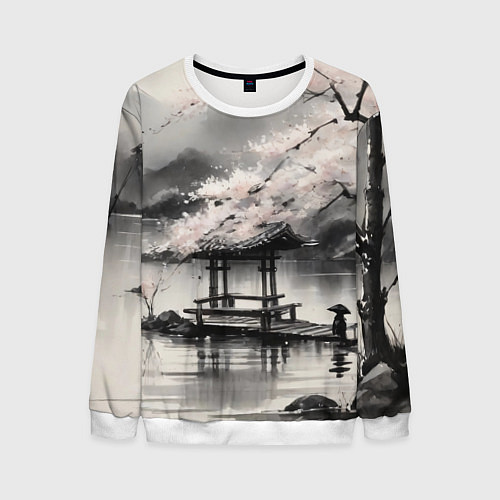 Мужской свитшот Пейзаж японское озеро / 3D-Белый – фото 1