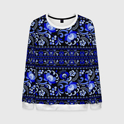Свитшот мужской Новогодняя гжельская роспись цветами на чёрном фон, цвет: 3D-белый