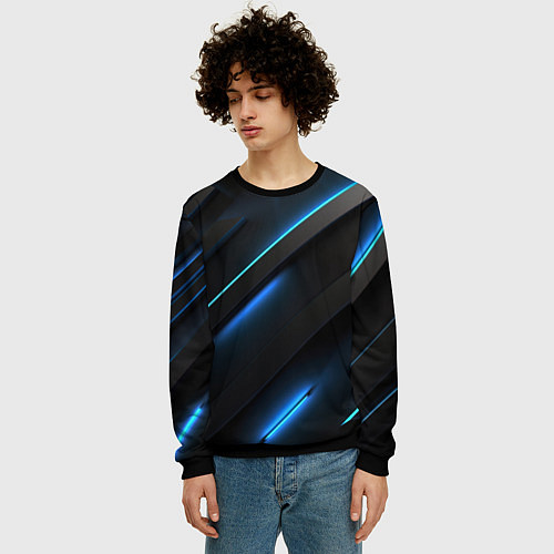 Мужской свитшот Черная конструкция с синими неоновыми вставками / 3D-Черный – фото 3