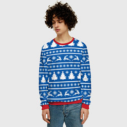 Свитшот мужской Синий свитер с новогодними оленями, цвет: 3D-красный — фото 2
