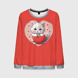Свитшот мужской Мультяшный котенок держит красное сердечко, цвет: 3D-меланж