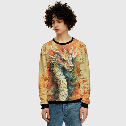 Мужской свитшот Зеленый древесный дракон с листьями / 3D-Черный – фото 3