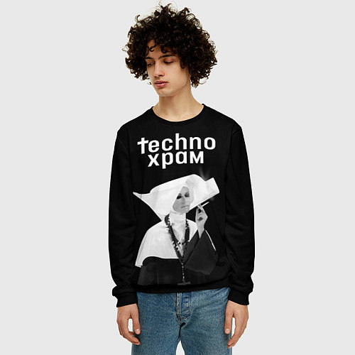 Мужской свитшот Techno храм курящая монашка / 3D-Черный – фото 3