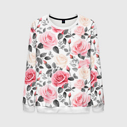 Мужской свитшот Розовые розы и серые листочки - паттерн