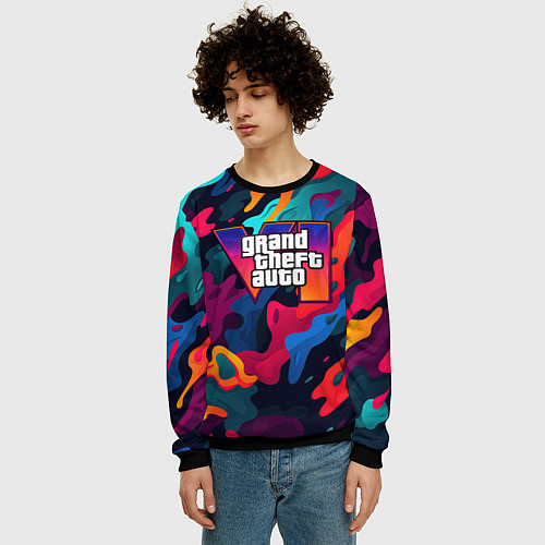 Мужской свитшот Gta лого камуфляж кислотные кляксы / 3D-Черный – фото 3