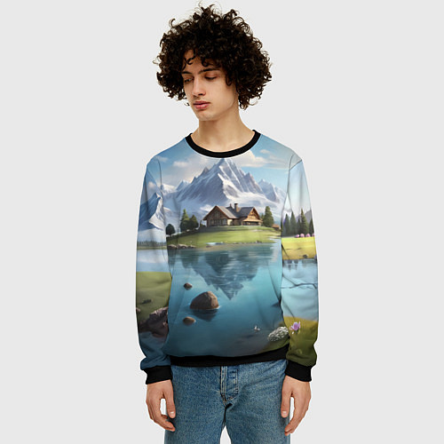 Мужской свитшот Чудесный день на берегу озера в горах / 3D-Черный – фото 3