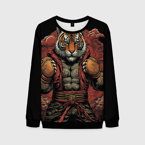 Мужской свитшот Тигр в стойке тайский бокс / 3D-Черный – фото 1