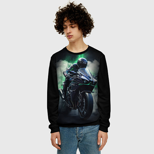 Мужской свитшот Мотоциклист в дыму / 3D-Черный – фото 3