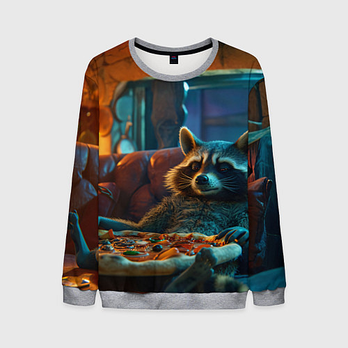 Мужской свитшот Енот с пиццей на диване / 3D-Меланж – фото 1