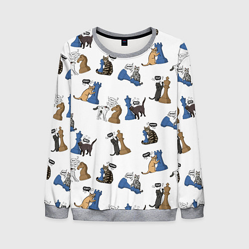 Мужской свитшот Котики и шахматы белый / 3D-Меланж – фото 1