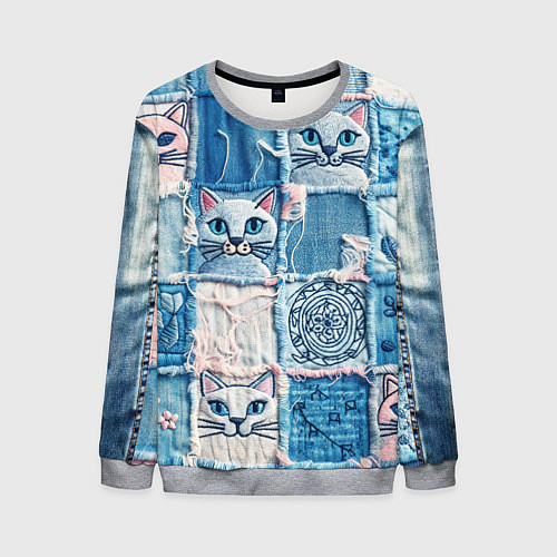 Мужской свитшот Кошки на пэчворк джинсах паттерн / 3D-Меланж – фото 1