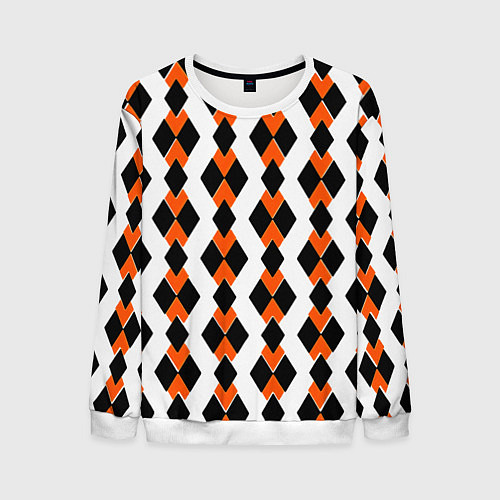 Мужской свитшот Чёрные и оранжевые ромбы на белом фоне / 3D-Белый – фото 1