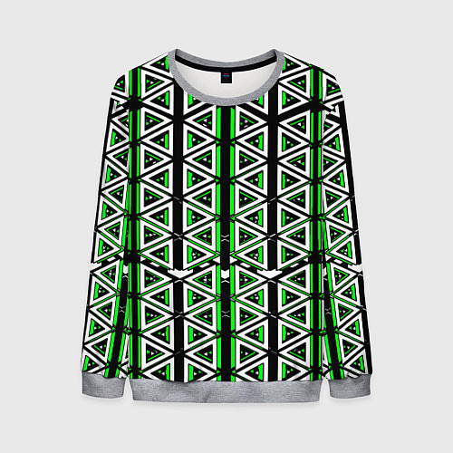 Мужской свитшот Бело-зелёные треугольники на чёрном фоне / 3D-Меланж – фото 1