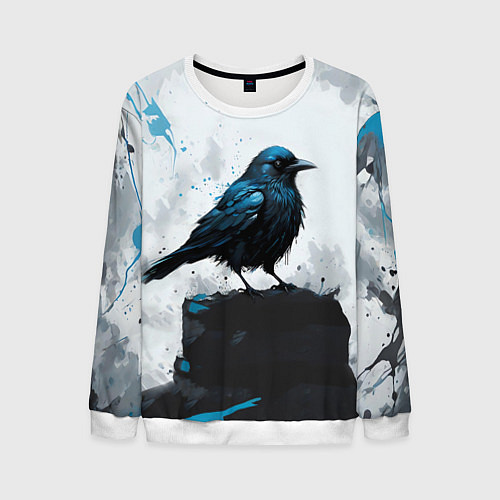 Мужской свитшот Ворон с чёрно-голубым оперением / 3D-Белый – фото 1