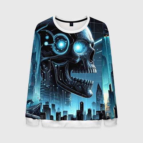 Мужской свитшот Cyberpunk skull - metropolis neon glow / 3D-Белый – фото 1