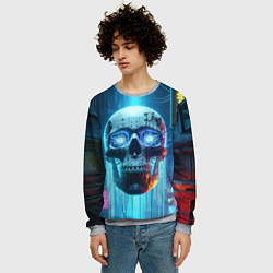 Свитшот мужской Cyber skull - neon glow ai art, цвет: 3D-меланж — фото 2