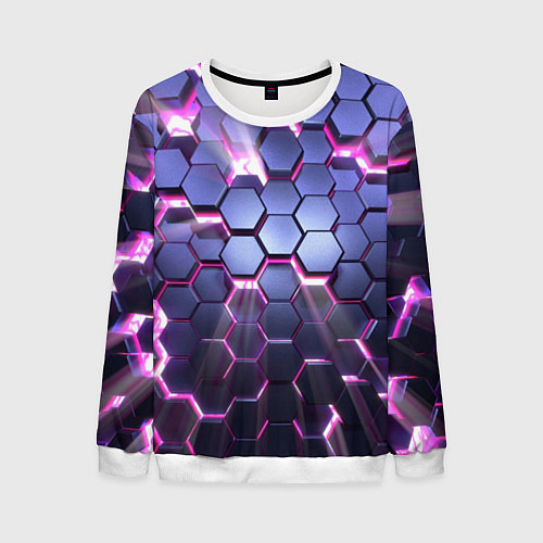 Мужской свитшот Плиты с сиреневым неоновым свечением / 3D-Белый – фото 1