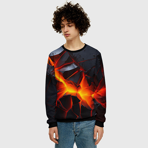 Мужской свитшот Камни в разломе красный свет / 3D-Черный – фото 3