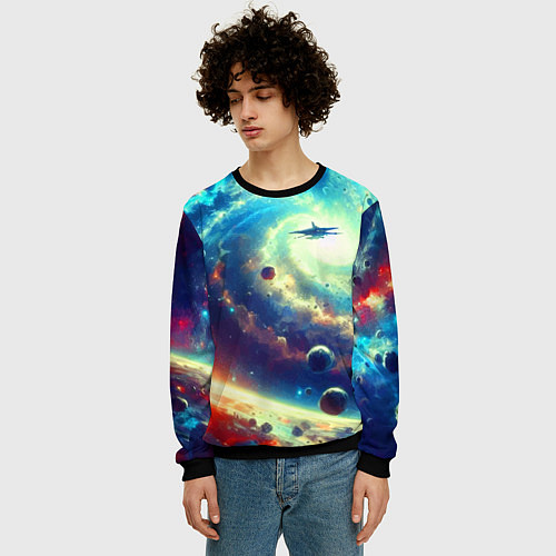Мужской свитшот Полёт к далёкой галактике - нейросеть / 3D-Черный – фото 3