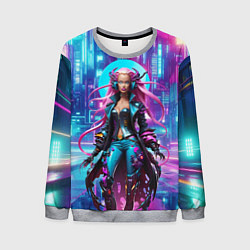 Мужской свитшот Кибер ведьма в неоновом городе - нейросеть