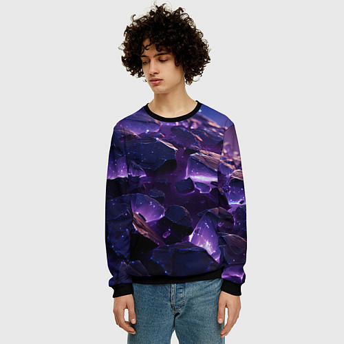 Мужской свитшот Фиолетовые неоновые камни со светом / 3D-Черный – фото 3