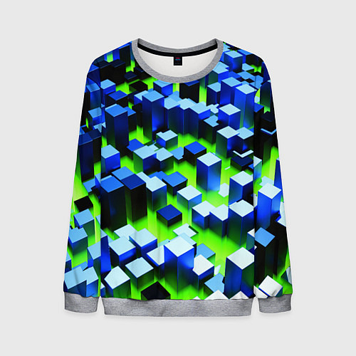 Мужской свитшот Синие блоки в зеленом тумане / 3D-Меланж – фото 1