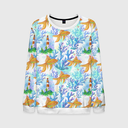 Мужской свитшот Золотая рыбка и кораллы акварельные / 3D-Белый – фото 1