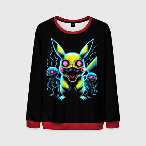 Мужской свитшот Pikachu and skeletons - neon glow ai art / 3D-Красный – фото 1