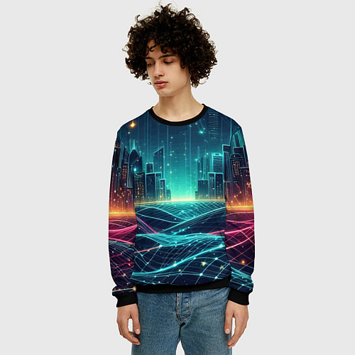 Мужской свитшот Metropolis - vaporwave neon glow / 3D-Черный – фото 3