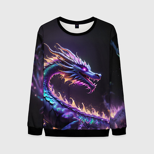 Мужской свитшот Неоновый сиреневый дракон на черном фоне / 3D-Черный – фото 1