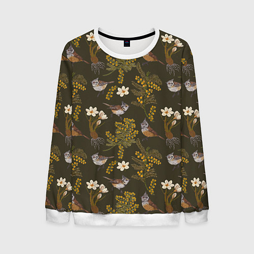 Мужской свитшот Хохлатые синицы и мимоза паттерн / 3D-Белый – фото 1