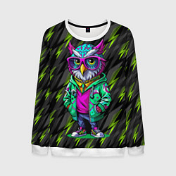 Свитшот мужской Модная сова и зеленые молнии, цвет: 3D-белый